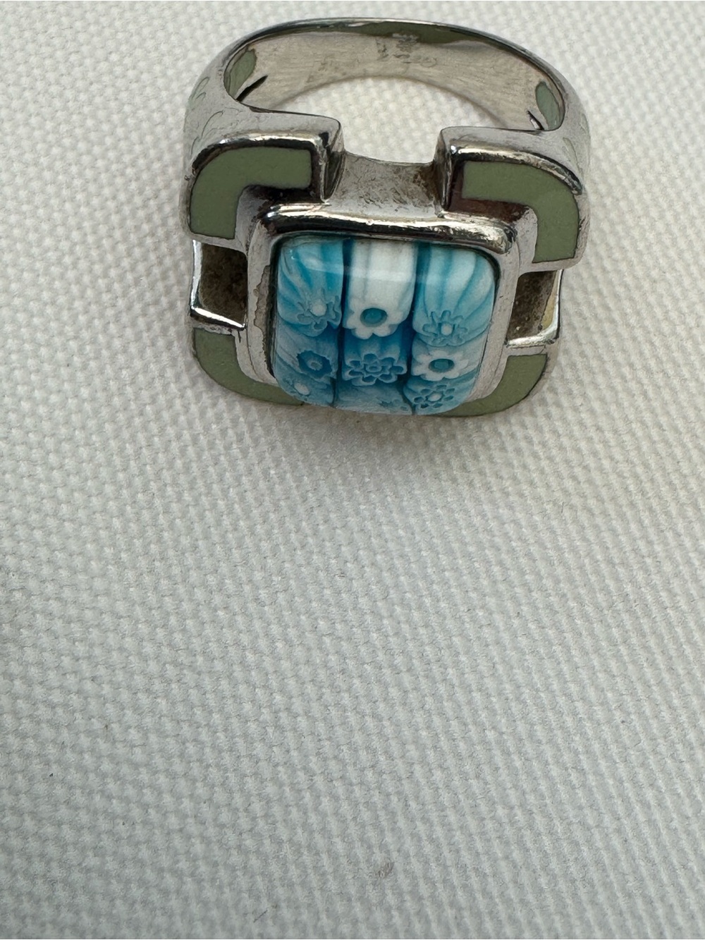 Alan K Murano Millefiori Blue Floral Inlay Silver-Tone Ring with Mint Accents